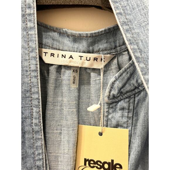 Trina Turk Anemones Chambray Self Tie Waist A-Line Mini Dress Blue Womens Sze XS - Picture 4 of 5